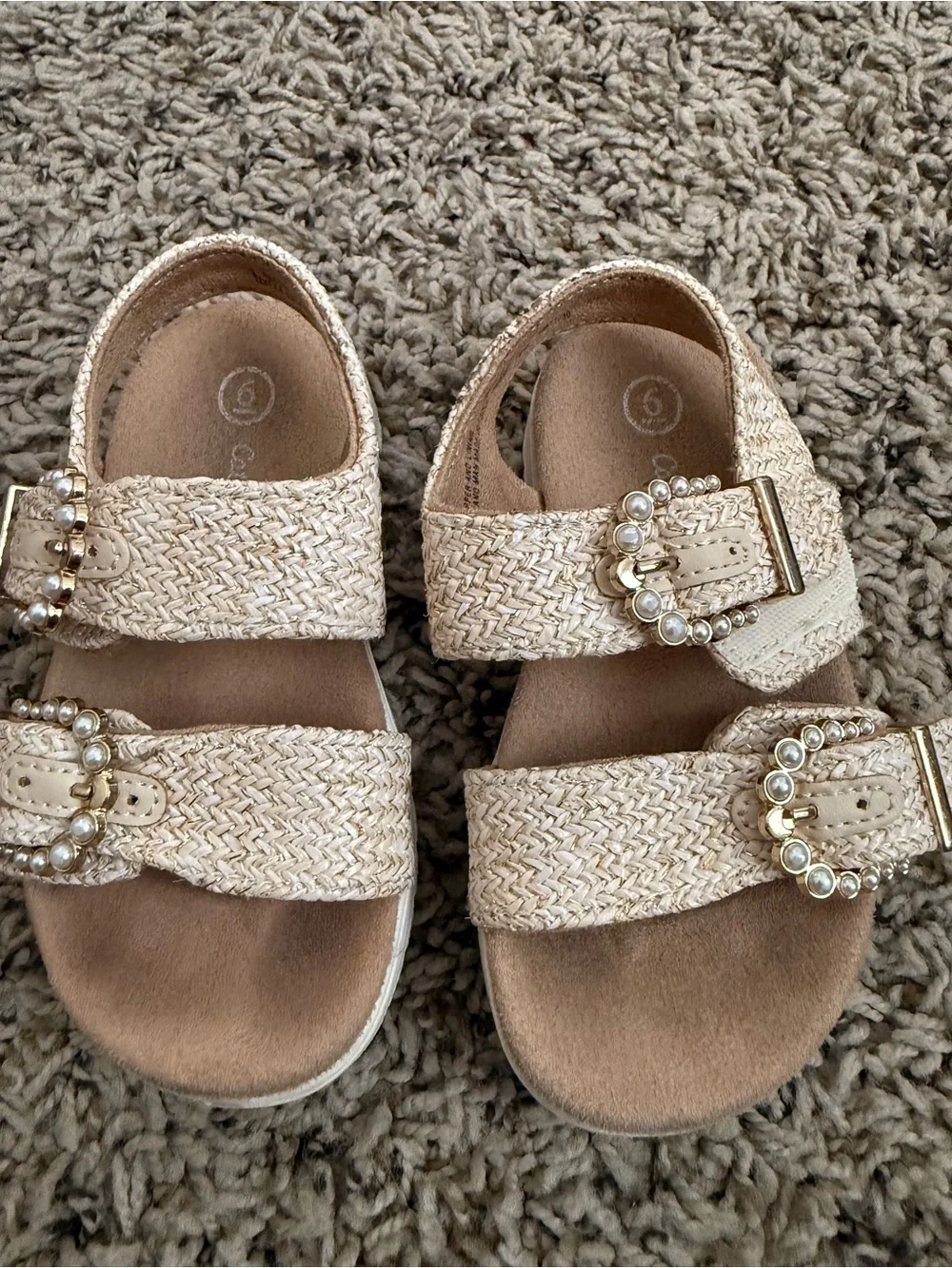 Cat & Jack Beige Woven Sandals with Pearl Buckles